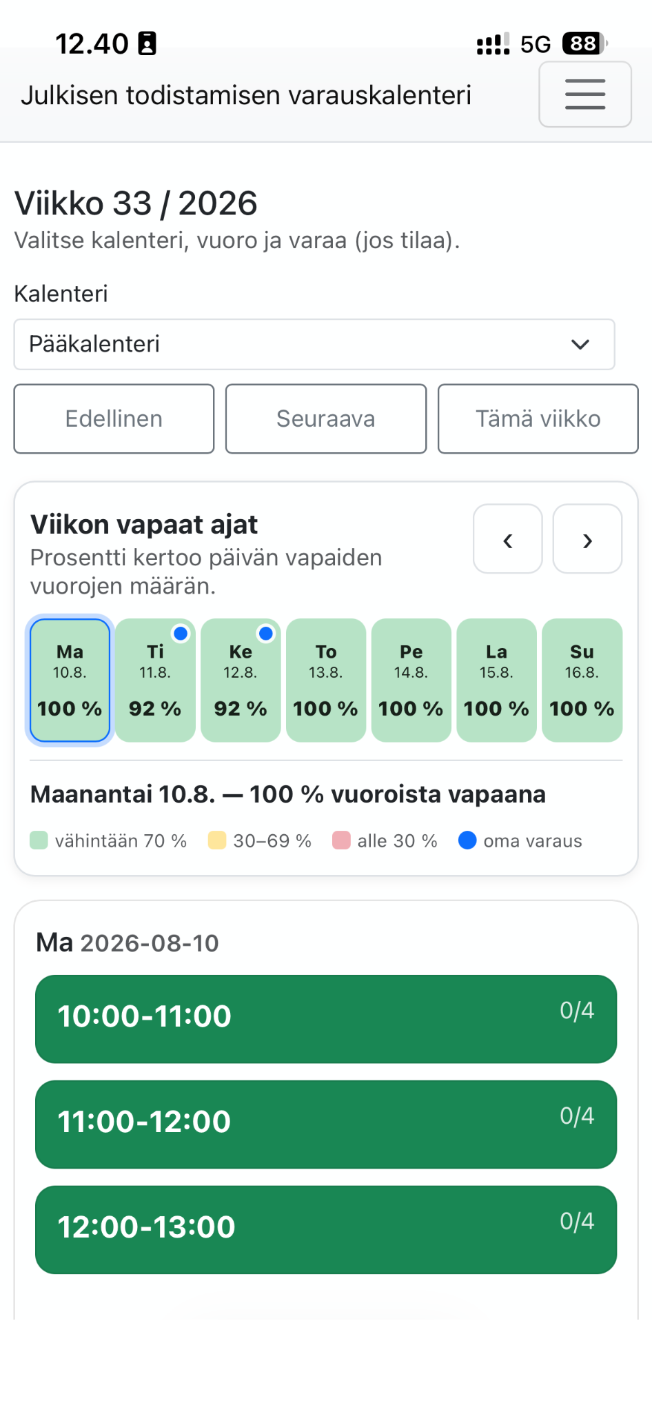Varauskalenterin mobiilinäkymä